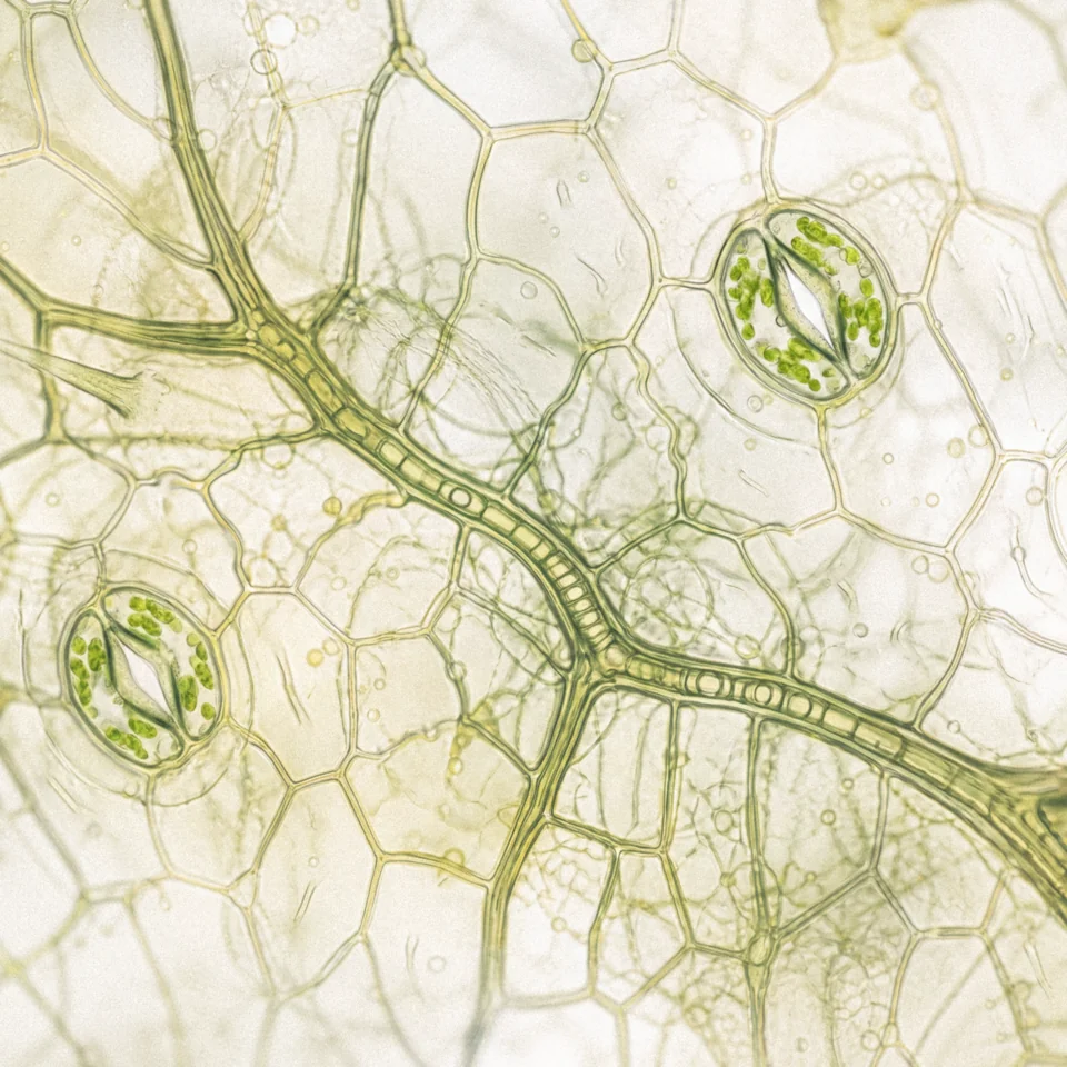 Plant cells under a microscope, branching veins between translucent walls.