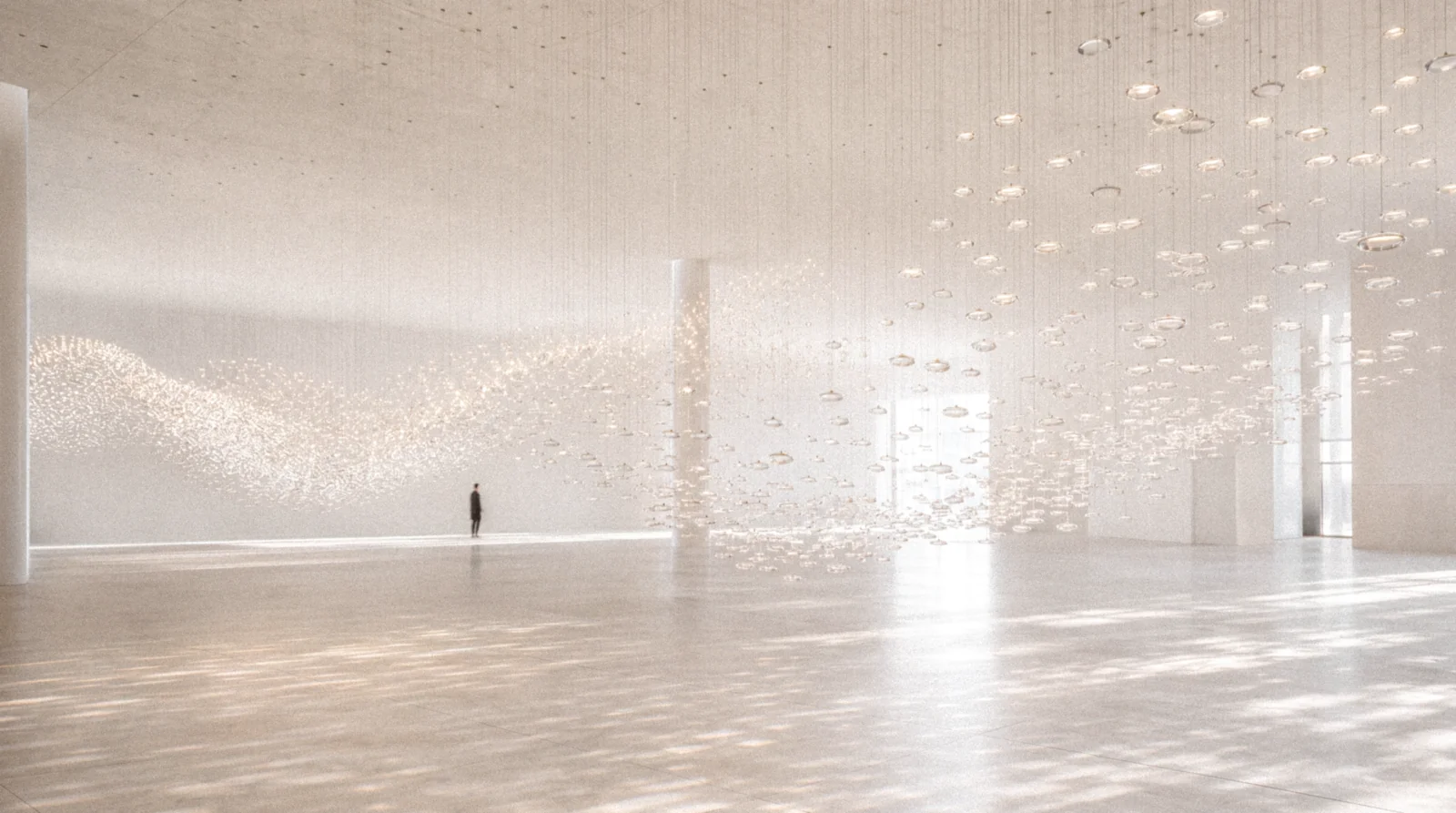 Wide gallery interior with thousands of suspended lights forming a wave.