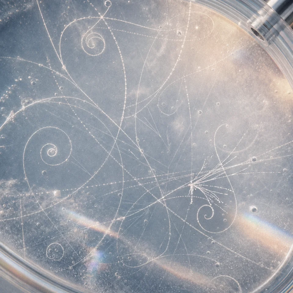 Cloud chamber showing fine particle trails curling across a pale field.