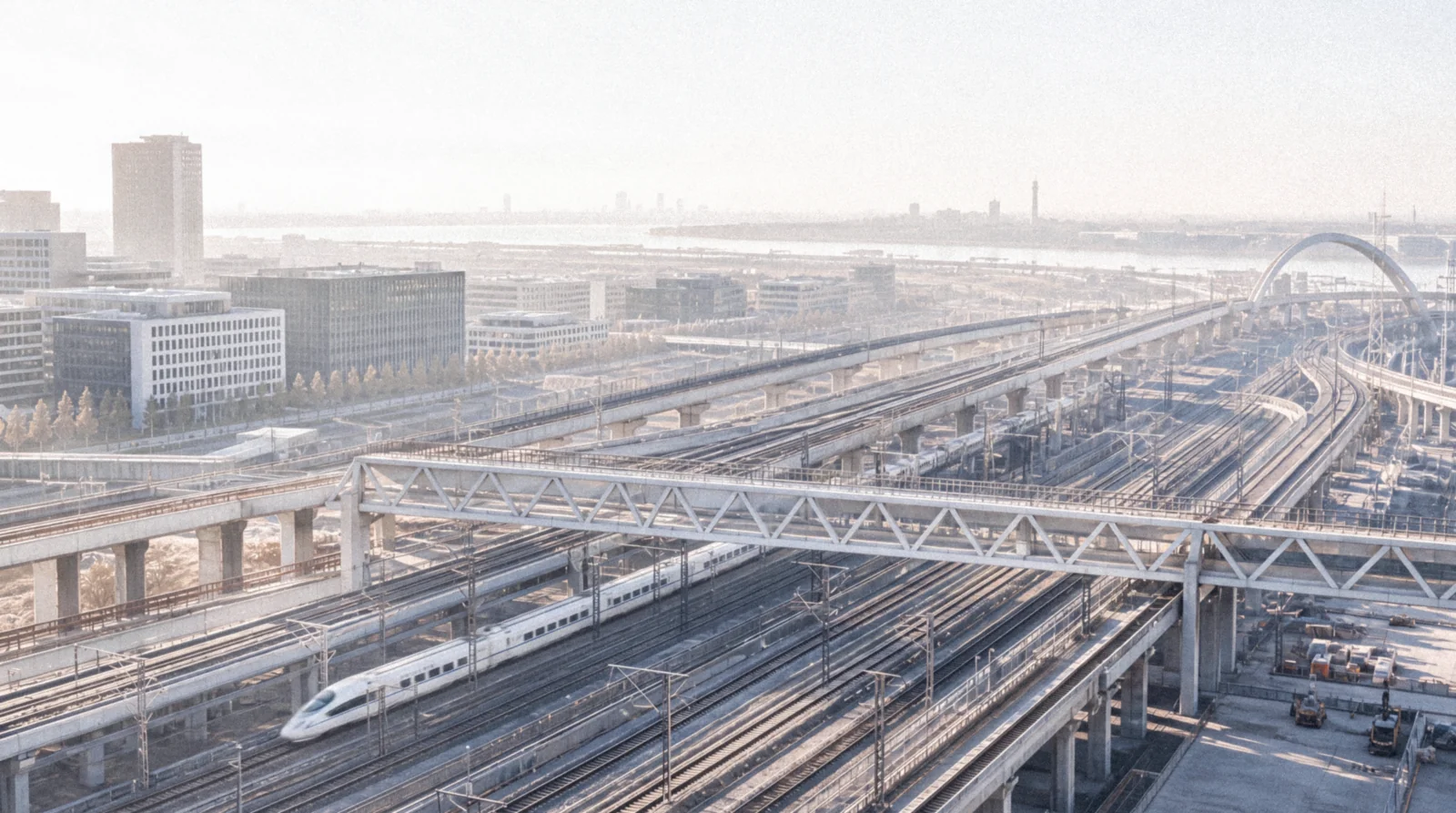 Rail infrastructure converging through a city in morning haze.
